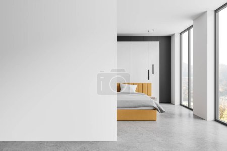 White hotel bedroom interior with yellow bed, nightstand on concrete floor. Relaxing space with panoramic window on countryside. Mockup copy space empty wall partition. 3D rendering