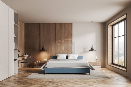 Foto de Un diseño interior moderno dormitorio con una gran ventana, acentos de madera, y muebles contemporáneos, situado en un fondo escénico, concepto de decoración para el hogar. Renderizado 3D - Imagen libre de derechos