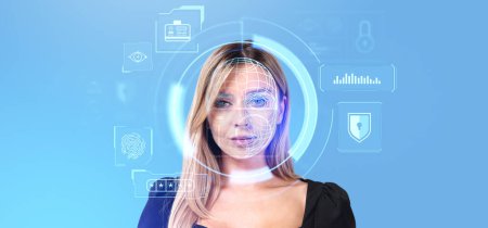 Photo for Beautiful businesswoman portrait, digital biometric scanning and data analysis virtual screen. Face detection and encrypted personal information. Concept of face id and artificial intelligence - Royalty Free Image