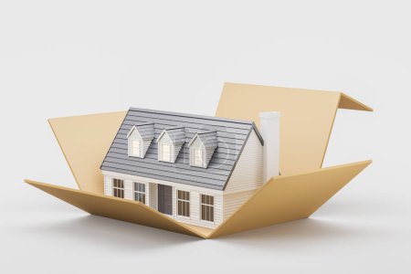 Photo for Opened cardboard box with two-storey house, empty white background. Concept of relocation, new real estate, rent or buy an apartment. 3D rendering illustration - Royalty Free Image