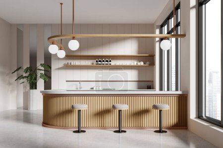 Photo for Modern cafe interior with a bar counter, stools, and pendant lights, against a cityscape view, showcasing a contemporary design. 3D Rendering - Royalty Free Image