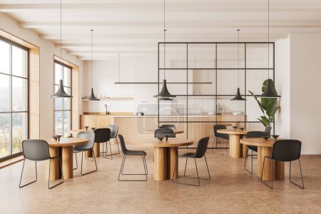 Photo for Minimalist cafe interior with eating tables and chairs in row, glass partition and bar island with cabinet and cash desk. Panoramic window on countryside. 3D rendering - Royalty Free Image