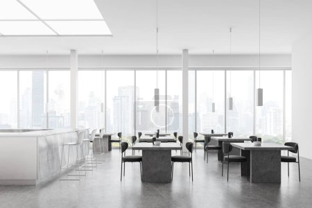 Photo for Open space coffee shop interior with metal bar island, dining tables and chairs in row on concrete floor. Panoramic window on Bangkok skyscrapers. 3D rendering - Royalty Free Image