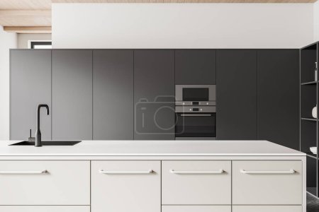 Foto de Interior de la cocina en blanco y negro con isla de bar y fregadero, gabinete y estantes, horno y utensilios de cocina. Elegante espacio de cocina con muebles modernos. Renderizado 3D - Imagen libre de derechos