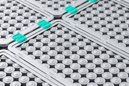 Reihen zylindrischer Lithium-Batterien mit Steckverbindern, die ein EV-Batteriemodul auf grauem Hintergrund darstellen, Konzept sauberer Energie. 3D-Rendering