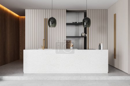 Foto de Un interior de cocina minimalista con una gran isla central, acentos de madera y luces colgantes modernas, situado sobre un fondo neutro. Renderizado 3D - Imagen libre de derechos