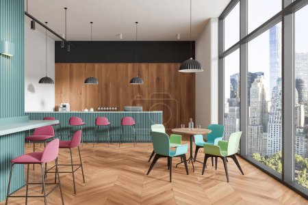 Foto de Interior de la cafetería moderna con sillas de color turquesa y rosa, grandes ventanales con vistas a la ciudad, elementos de madera y luz natural. Renderizado 3D - Imagen libre de derechos