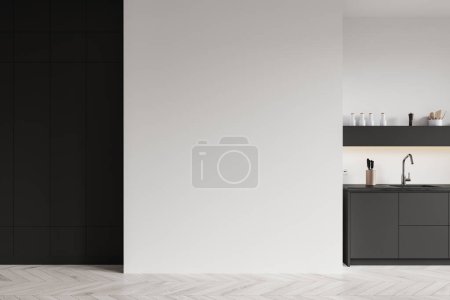 Téléchargez les photos : Intérieur de cuisine de luxe avec évier, ustensiles de cuisine sur le comptoir. Espace de cuisson minimaliste dans un appartement moderne, parquet. Maquette copier l'espace mur vide. rendu 3D - en image libre de droit