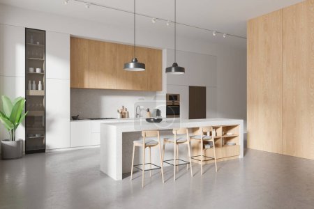 Photo for Corner view of modern kitchen interior with bar island and stool, concrete floor. Cooking cabinet with shelves and kitchenware, dining space in modern apartment. 3D rendering - Royalty Free Image