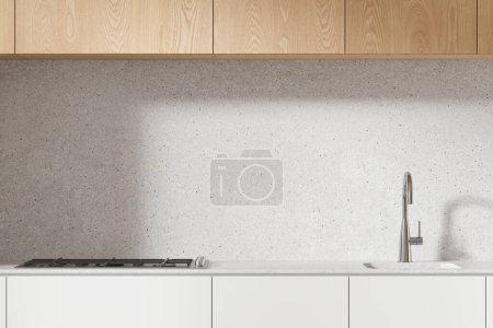 Téléchargez les photos : Intérieur de cuisine maison minimaliste avec évier et cuisinière à gaz, comptoir en pierre. Gros plan de cuisine minimaliste blanche et en bois dans un appartement moderne. rendu 3D - en image libre de droit