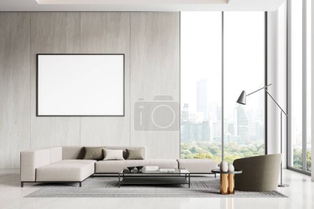 Téléchargez les photos : Confortable salon intérieur avec canapé et fauteuil, table basse sur tapis. Zone salon et fenêtre panoramique sur les gratte-ciel de Bangkok. Affiche de toile maquillée sur le mur. rendu 3D - en image libre de droit