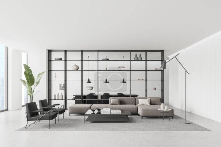 Elegant home living room interior with modular sofa and armchairs, eating table and chairs behind shelf with decoration. Panoramic window on skyscrapers. 3D rendering