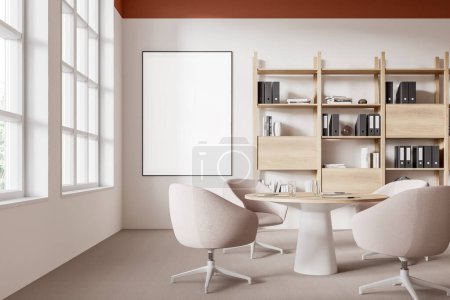 Photo for Beige conference interior with soft chairs and table, carpet on the floor. Meeting space with stylish furniture and panoramic window. Mockup copy space canvas poster. 3D rendering - Royalty Free Image