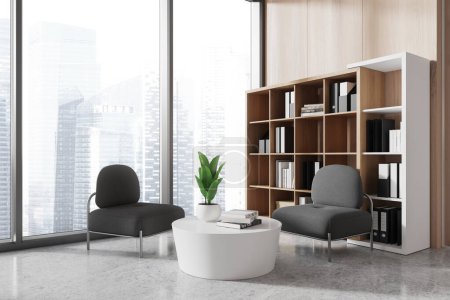 Corner view of business interior with two armchairs, relaxing or waiting space with coffee table and shelf with folders and documents near panoramic window on Singapore. 3D rendering