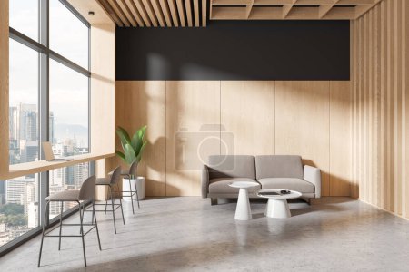 Foto de Una sala de estar de oficina con muebles modernos, grandes ventanales y vistas a la ciudad, que muestra un diseño contemporáneo. Renderizado 3D - Imagen libre de derechos