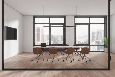 Photo for Stylish glass conference interior with board and chairs, tv screen on wall. Closed negotiation business room with panoramic window on Kuala Lumpur skyscrapers. 3D rendering - Royalty Free Image