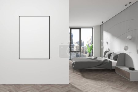 Téléchargez les photos : Chambre d'hôtel de luxe lit intérieur et table de chevet, draps gris. Chambre à coucher avec fenêtre panoramique sur les gratte-ciel de New York. Affiche de toile maquillée sur le mur. rendu 3D - en image libre de droit