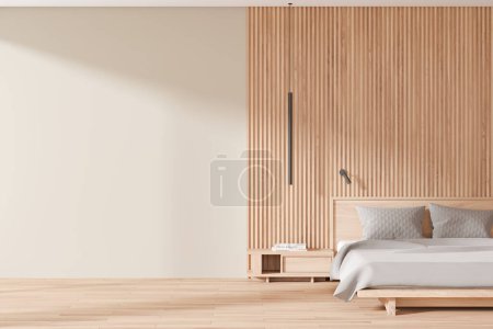 Foto de Cama interior del dormitorio del hotel japonés de madera con sábanas, piso de madera. Acogedor espacio de relax con mesa de noche y decoración. Simular espacio de copia pared vacía. Renderizado 3D - Imagen libre de derechos
