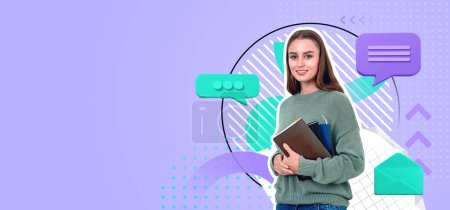 Photo for Beautiful young woman student holding notebooks, colorful text bubbles and e-mails. Copy space purple background. Concept of education, communication and business connection - Royalty Free Image