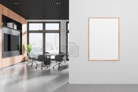 Photo for Stylish office interior with table and armchairs, conference room with board and tv screen. Mockup canvas poster and panoramic window on Singapore skyscrapers. 3D rendering - Royalty Free Image