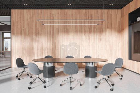 Photo for Minimalist conference room interior with meeting board and chairs, tv display. Stylish glass negotiation space and panoramic window on skyscrapers. 3D rendering - Royalty Free Image
