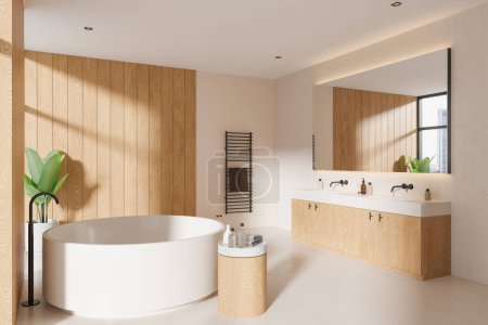 Téléchargez les photos : Vue en angle de l'intérieur de la salle de bain de l'hôtel de luxe avec baignoire, lavabo avec commode en bois, accessoires et porte-serviettes. Bain beige et bois dans le studio. rendu 3D - en image libre de droit