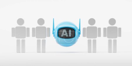 Photo for Blue AI robot head with display, standing between people figures wide format. Concept of robot replace humans, machine learning and automation. 3D rendering illustration - Royalty Free Image