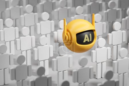 Photo for Row of white people figures standing and yellow AI bot flying over crowd. Concept of robot replace humans, artificial intelligence and hr. 3D rendering illustration - Royalty Free Image