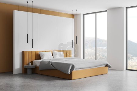Téléchargez les photos : Intérieur de chambre moderne avec un grand lit, fenêtres panoramiques, et une vue panoramique, style minimaliste, fond clair. Rendu 3D - en image libre de droit