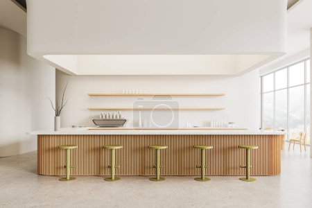 Foto de Interior de un moderno pub o cafetería con paredes blancas, suelo de hormigón, mostrador de madera larga con fila de taburetes y estantes para platos. renderizado 3d - Imagen libre de derechos