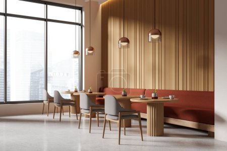 Foto de Un interior de una cafetería moderna con muebles de madera, grandes ventanales y vistas a la ciudad, que transmite un ambiente cálido y acogedor. Renderizado 3D - Imagen libre de derechos