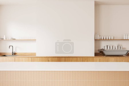 Photo for White cafeteria interior with bar counter and cooking cabinet with sink, coffee machine with paper cups and mockup empty copy space wall. 3D rendering - Royalty Free Image