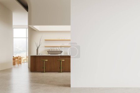 Interior de la cafetería moderna con pared vacía, mostrador de madera y fondo de luz natural, concepto de espacio acogedor. Renderizado 3D