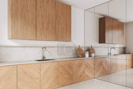 Photo for Corner view of home kitchen interior with sink, wooden cabinet with kitchenware on concrete floor. Cooking space in modern apartment with mirror. 3D rendering - Royalty Free Image