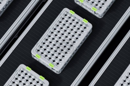 Foto de Módulos de batería de litio en una cinta transportadora en escala de grises, posicionados diagonalmente, concepto de automatización industrial, renderizado 3D. - Imagen libre de derechos