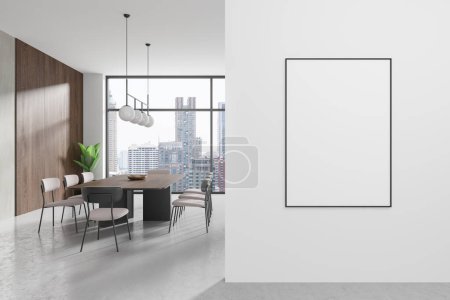 Photo for A modern interior with a dining area, large windows, city view, and a blank poster on the wall. 3D Rendering - Royalty Free Image