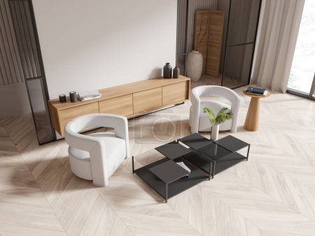 Téléchargez les photos : Salon intérieur moderne avec des meubles minimalistes et des éléments en bois sur un plancher en chevrons, concept de design d'intérieur. Rendu 3D - en image libre de droit