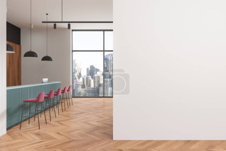 Photo for Stylish bar interior with pink stool and blue cash desk, hardwood floor. Panoramic window on New York skyscrapers. Mockup empty wall partition. 3D rendering - Royalty Free Image