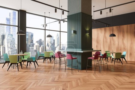 Foto de Vista de esquina del interior del restaurante con sillas y mesas en fila, piso de madera. Colorido espacio para comer cafetería con ventana panorámica en los rascacielos de Nueva York. Renderizado 3D - Imagen libre de derechos