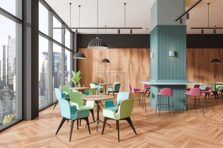 Téléchargez les photos : Intérieur moderne de café avec des meubles colorés, de grandes fenêtres, et vue sur la ville, la lumière du jour, concept d'espace repas élégant. Rendu 3D - en image libre de droit