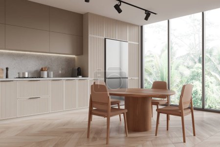 Téléchargez les photos : Intérieur de cuisine moderne avec mobilier en bois et grandes fenêtres donnant sur la verdure, style minimaliste par une journée lumineuse. Rendu 3D - en image libre de droit