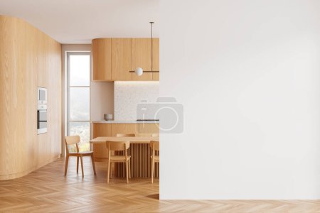 Téléchargez les photos : Intérieur de cuisine moderne avec finition en bois et mur blanc vide pour maquettes, fond clair, concept de design d'intérieur. Rendu 3D - en image libre de droit