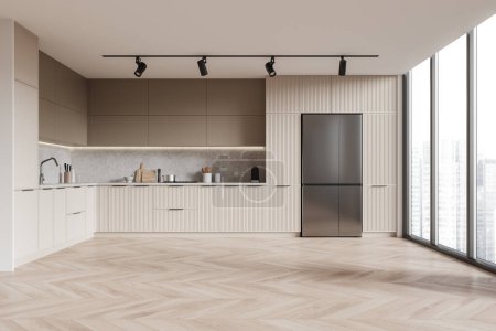 Téléchargez les photos : Un élégant intérieur de cuisine moderne avec un plancher en chevrons, une armoire beige et la lumière du jour provenant de grandes fenêtres. Rendu 3D - en image libre de droit