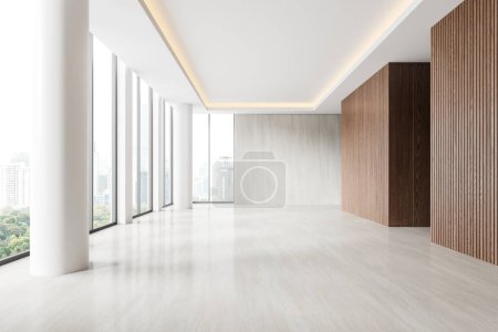 Téléchargez les photos : Espace ouvert studio intérieur vide avec sol en béton avec colonnes, fenêtre panoramique sur les gratte-ciel de Bangkok. Salon ou design plat sans meubles. rendu 3D - en image libre de droit