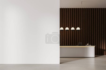 Photo for Modern reception interior lobby with desk and laptop, information center. Registration and office check-in space in company or hotel lobby. Mock up empty wall partition. 3D rendering - Royalty Free Image