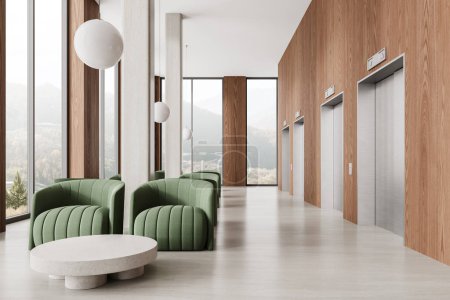 Stylish business lobby interior with green armchairs, meeting or consulting space with elevator in the hallway. Panoramic window on countryside. 3D rendering