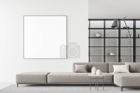 Foto de Interior minimalista de la sala de estar con sofá modular, mesa de centro en el suelo de hormigón. Escandinavo relajarse lugar y estante, maqueta de cartel de lona cuadrada en la pared. Renderizado 3D - Imagen libre de derechos