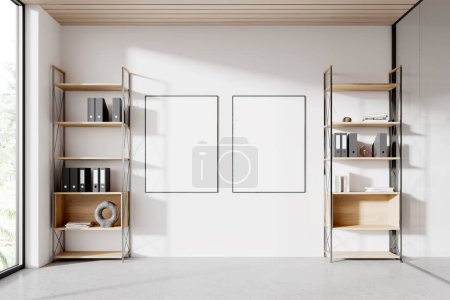 Photo for Minimalist business interior with shelf rack, folders and decoration. Corporate office design with panoramic window. Two mock up blank canvas posters in row. 3D rendering - Royalty Free Image
