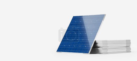 Foto de Un único panel solar azul apoyado en una pila de láminas de metal, aislado sobre un fondo blanco, que representa la energía sostenible. Renderizado 3D - Imagen libre de derechos