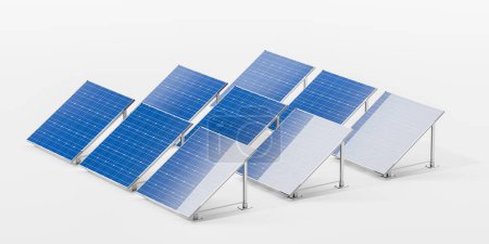 Foto de Filas de paneles solares sobre un fondo blanco, que representan el concepto de energía renovable. Renderizado 3D - Imagen libre de derechos